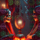 Symmetrical skeletal figures in red cloaks facing flame on mystical dark background