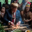 Man in suit with indigenous people around ceremonial fire with offerings