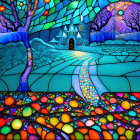 Colorful stained glass style whimsical landscape with trees, path, and buildings.