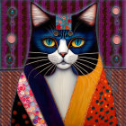 Regal cat illustration with vibrant colors and intricate patterns