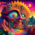 Psychedelic cosmic landscape with cat's face and colorful patterns