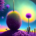 Alien landscape with cacti, large moon, flying creatures, purple sky at dusk or dawn