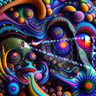 Colorful Psychedelic Art with Dragon-like Creatures and Mushrooms