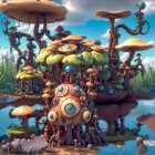 Surreal landscape with oversized mushrooms and tree-like structures