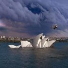 Futuristic city skyline with skyscrapers and waterfall under dramatic sky