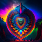 Colorful Digital Artwork: Layered Heart with Mandala Patterns in Fantasy Landscape