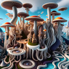 Surreal landscape with oversized mushrooms and winding pathways