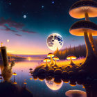 Fantastical Landscape with Glowing Mushrooms by Tranquil Lake