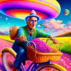 Colorful surreal portrait with figure holding sphere in fantastical landscape