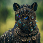 Intricate cat-like bejeweled mask on blurred green backdrop