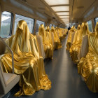 Person in White and Gold Attire Surrounded by Oversized Mushrooms in Surreal Forest