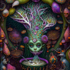 Vibrant surreal alien figure with golden ornaments and purple mushrooms.