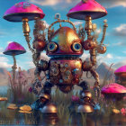 Steampunk turtle robot in vibrant mushroom field with floating bees