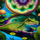 Colorful Digital Artwork: Stylized Alligator in Fantasy Flora & Mandala Backdrop