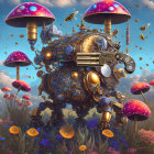 Steampunk turtle with mechanical features in a colorful meadow with floating mushrooms and bees