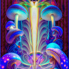 Psychedelic illustration of robed figures with glowing mushrooms