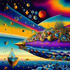 Colorful surreal landscape with planets, fish-like shape, and bubbles