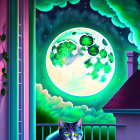 Colorful digital artwork: Cat on balcony under detailed moon