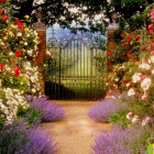 Enchanted garden digital art: lush vegetation, golden gate, magical path, sunset