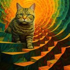 Colorful Digital Artwork: Two Cats with Elaborate Patterns in Psychedelic Forest