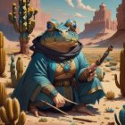 Colorful anthropomorphic frog playing instrument in desert landscape