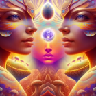 Symmetrical digital art: mirrored women's faces with colorful flowers, cacti, and desert sunset