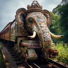 Colorful elephant head on front of train in lush forest