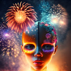 Child's face split into two halves with cosmic design and fireworks background