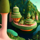 Colorful fantasy landscape with stylized trees, ornate buildings, and floating land masses.