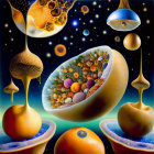 Surreal cosmic scene with floating mushrooms and colorful orbs