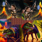 Warrior woman riding dinosaur in vibrant jungle with erupting volcanoes