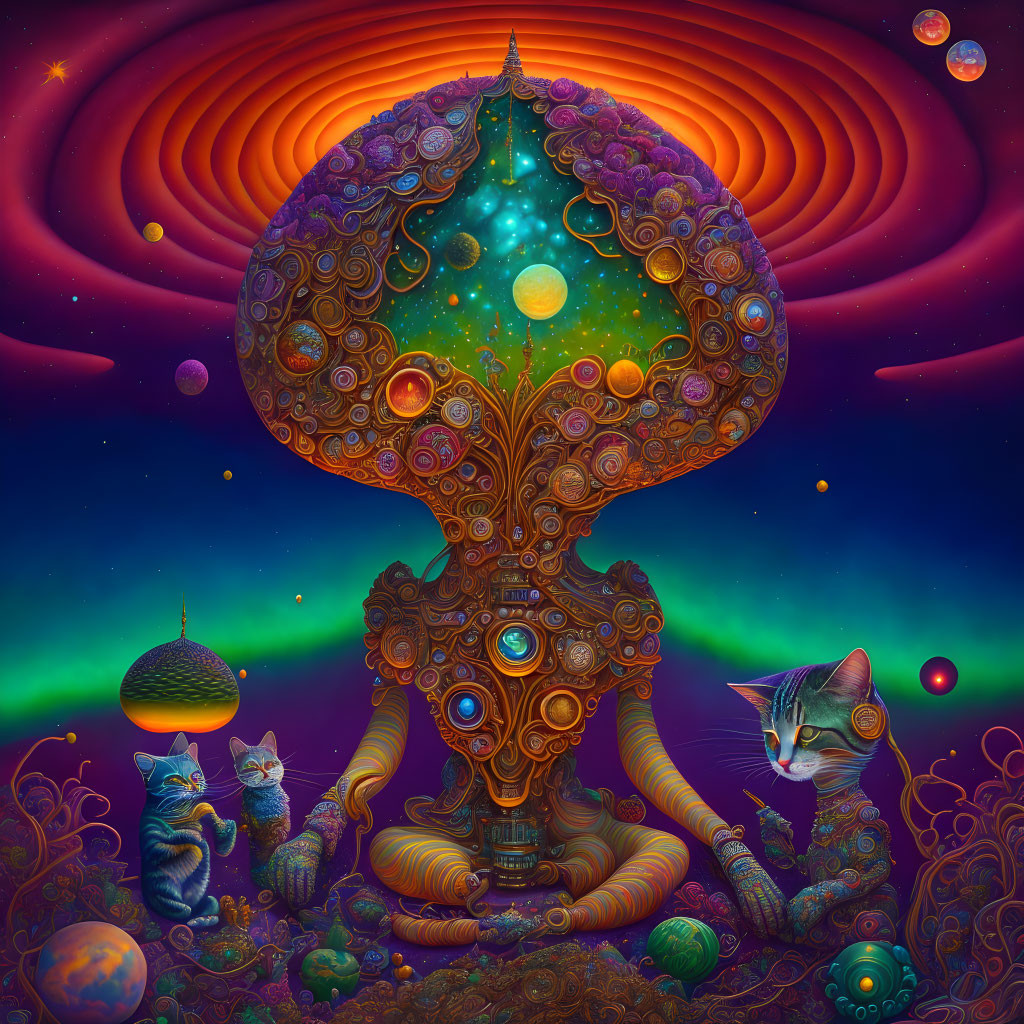 Colorful Psychedelic Artwork Featuring Gemstone-Adorned Tree, Planets, and