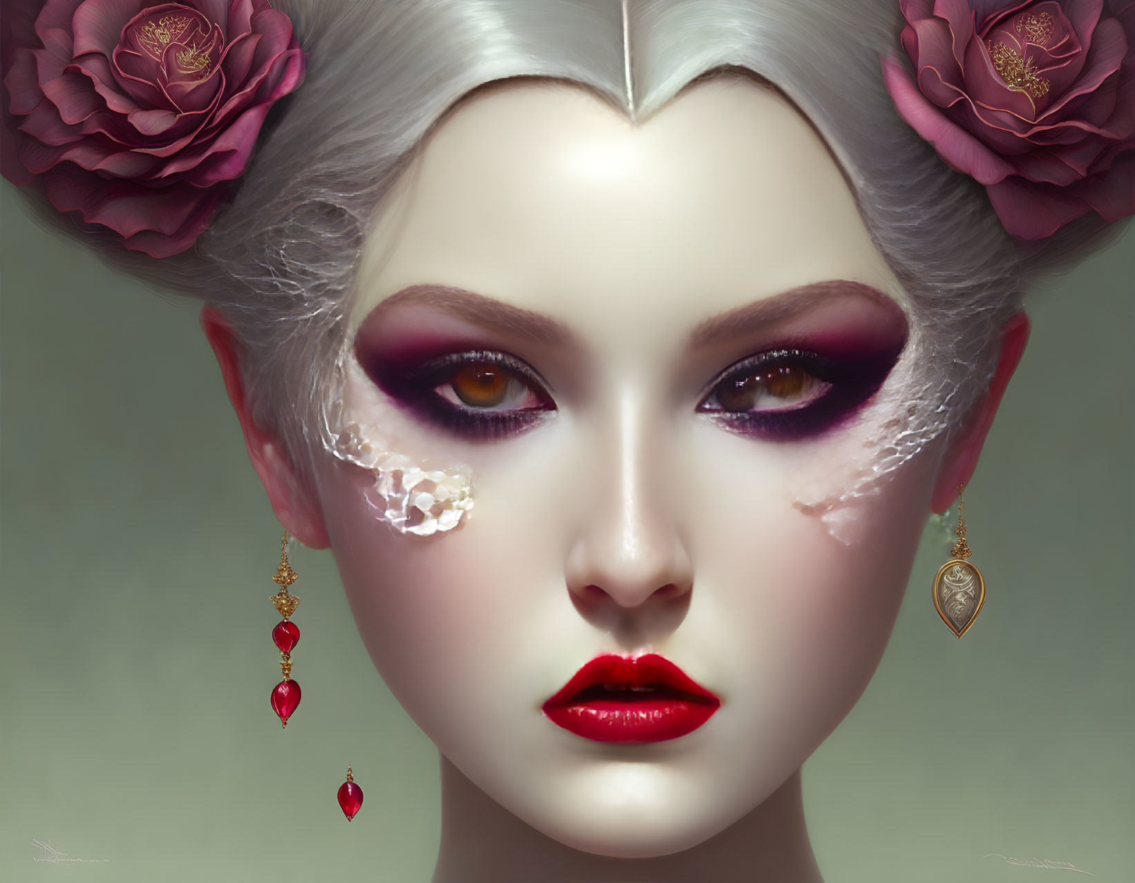 Digital portrait of woman with red lips, purple eye makeup, white hair, and floral accents