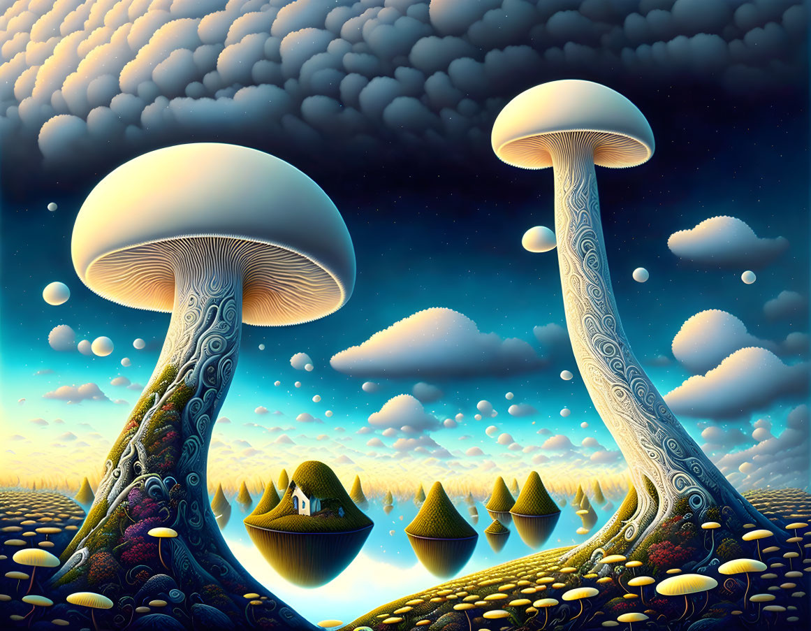 Surreal landscape featuring towering mushrooms, patterned ground, small boats, and cloudy sky.