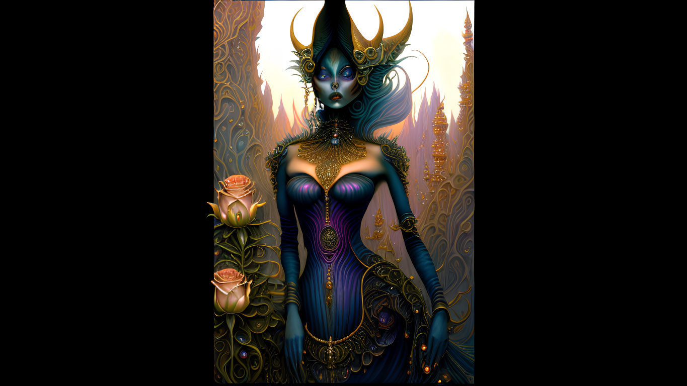 Blue-skinned female figure with golden headgear in mystical setting.