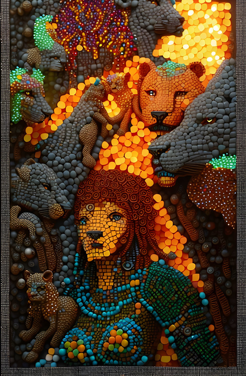 Colorful Mosaic Artwork Featuring Woman and Animals