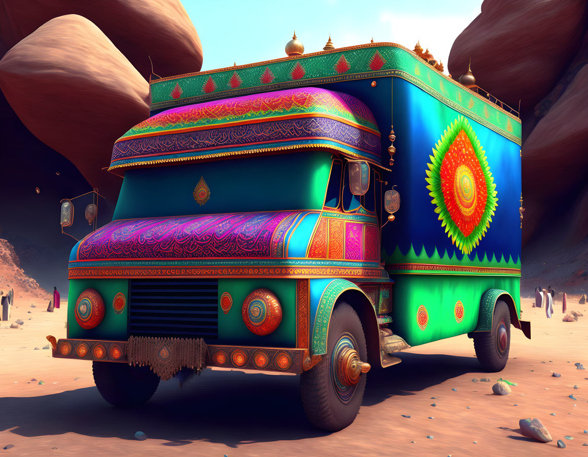 Vibrantly decorated South Asian art truck in desert landscape