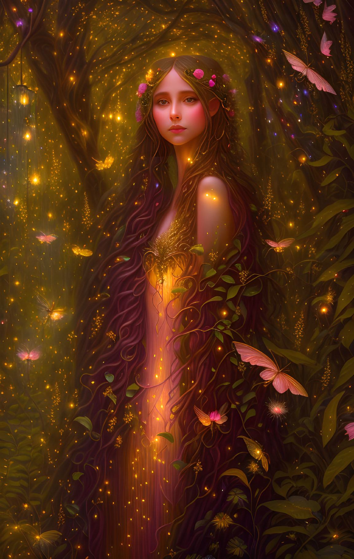 Portrait of woman with wavy hair, flowers, lights, and butterflies in enchanted forest