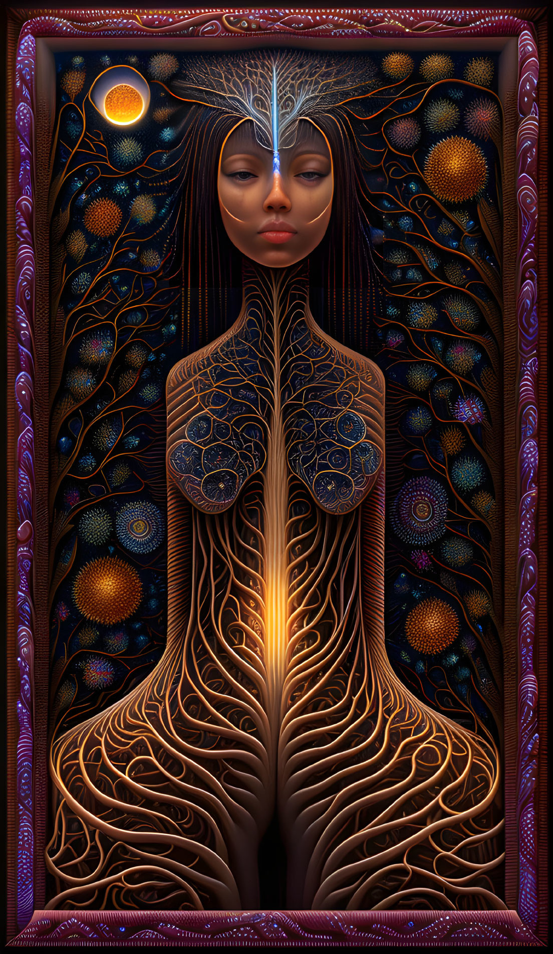 Surreal digital artwork of ethereal female figure with cosmic motifs