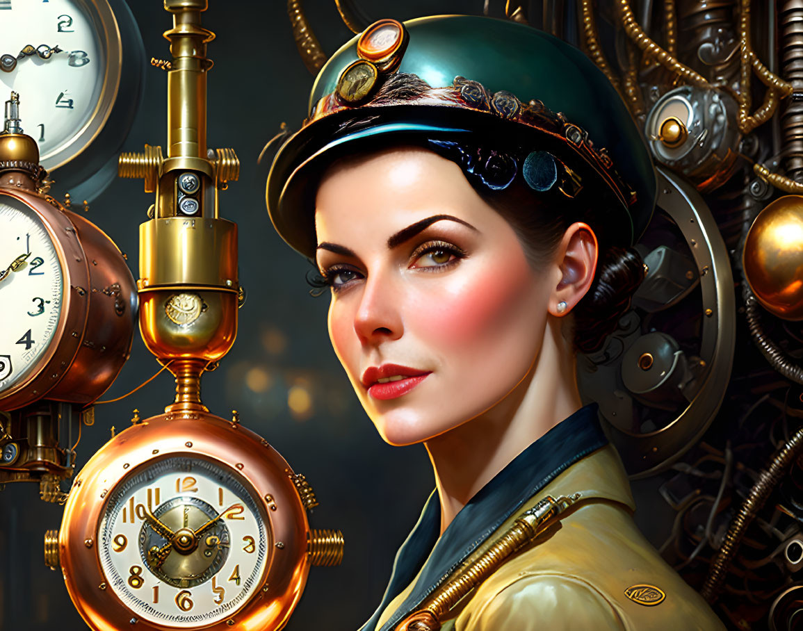 Steampunk-themed woman in green jacket and helmet surrounded by brass gears and clockwork.