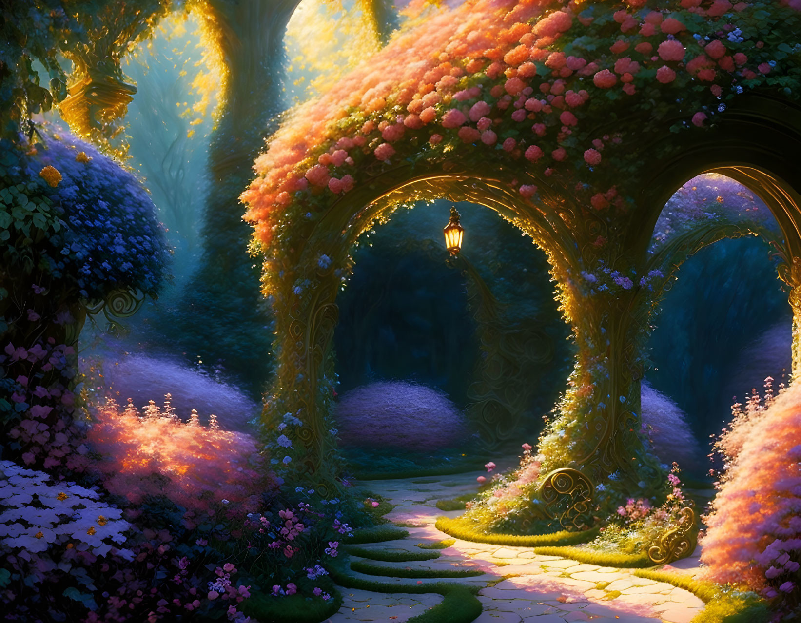 Enchanted forest pathway with glowing lantern and blooming flowers