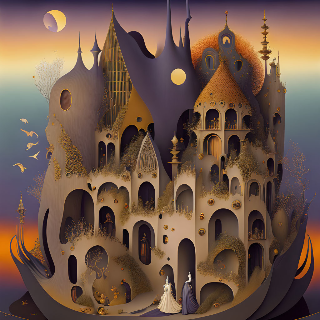 Surreal golden castle with robed figures, flying birds, and multiple moons.