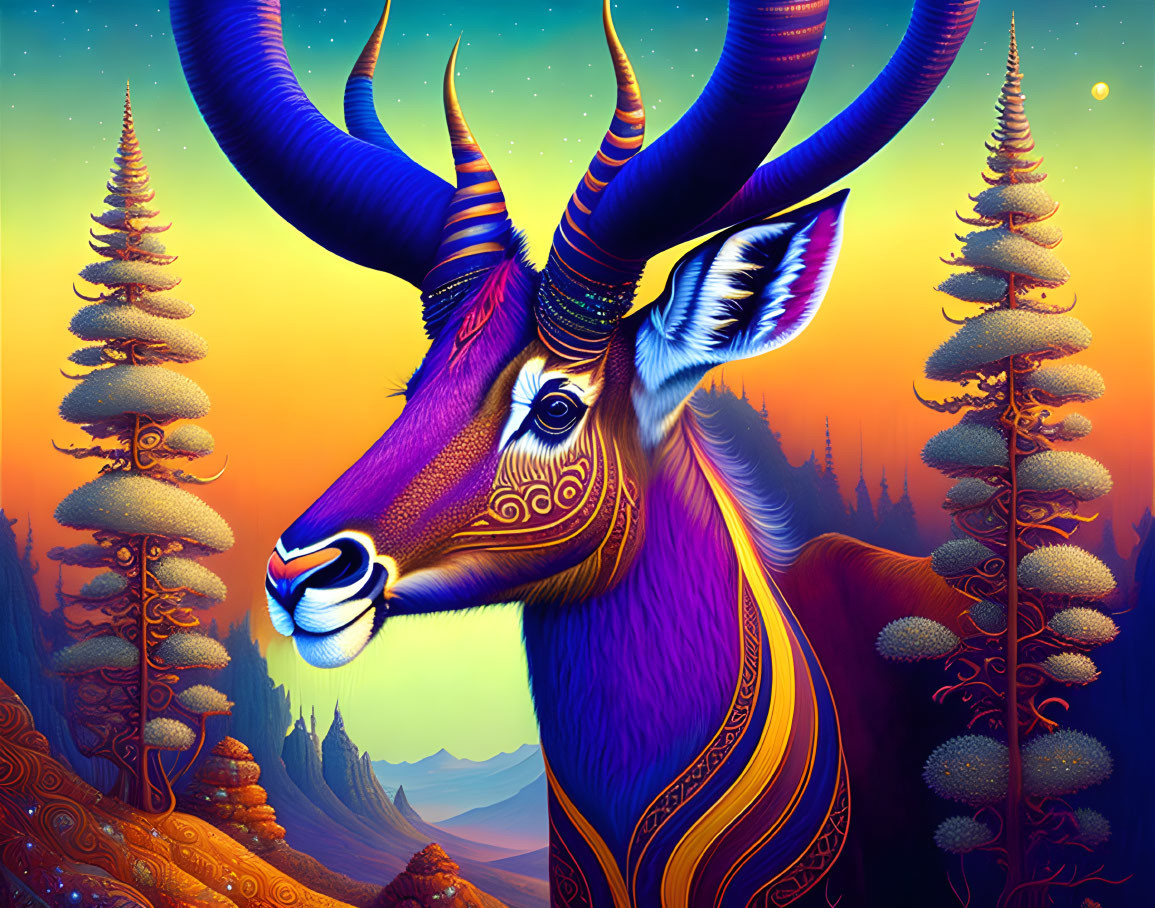 Colorful Antelope Illustration in Mystical Forest Twilight