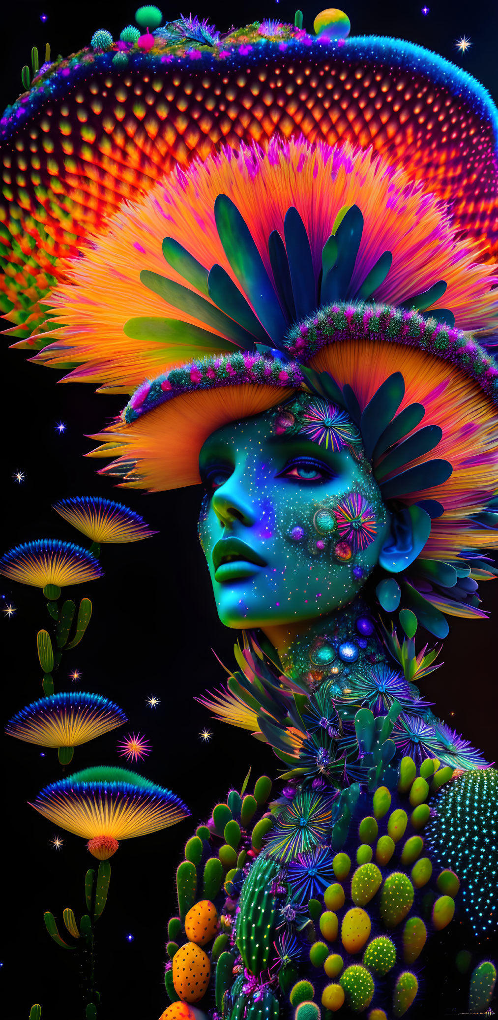 Colorful digital artwork: person with psychedelic skin and alien flora headdress on dark backdrop