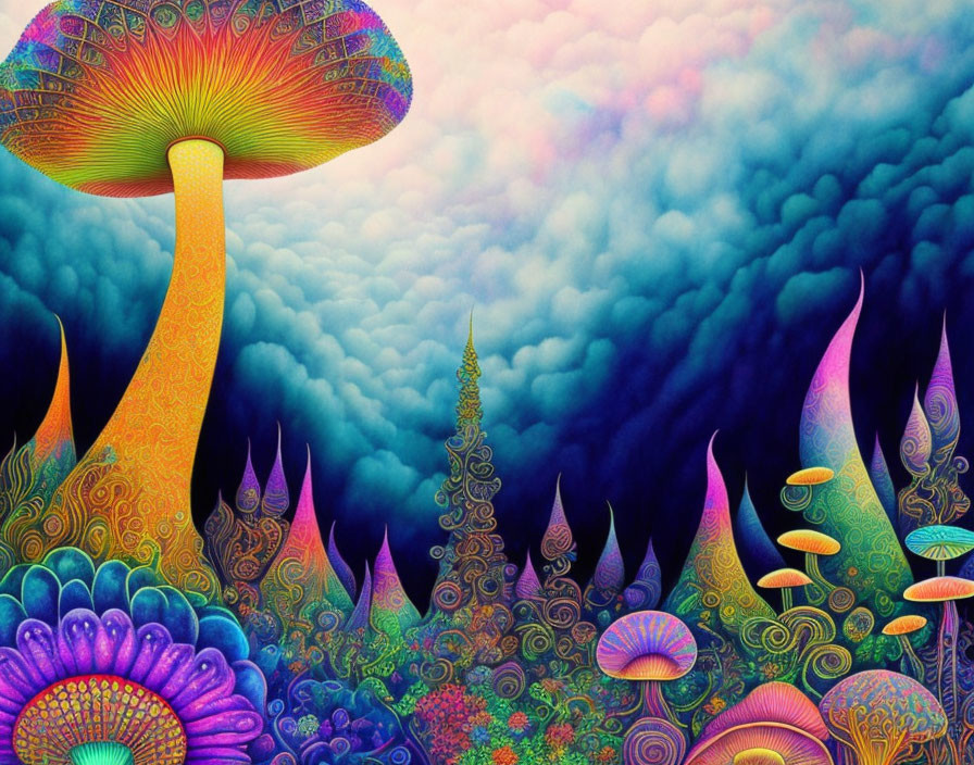 Colorful psychedelic mushrooms in dreamlike artwork