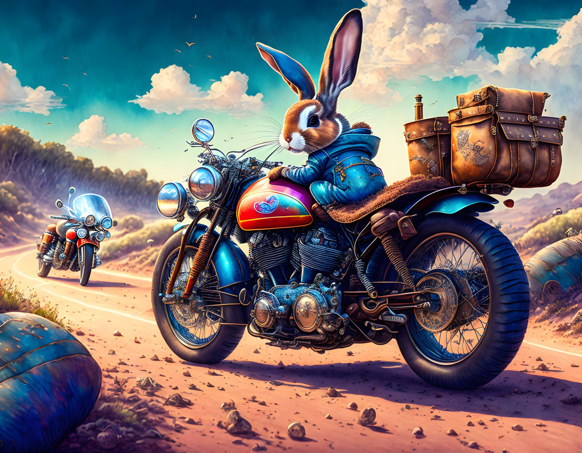 Anthropomorphic rabbit on motorcycle in desert landscape