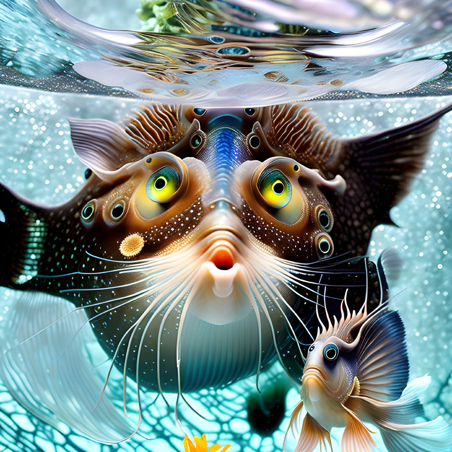 Illustration of cat with fish-like features underwater