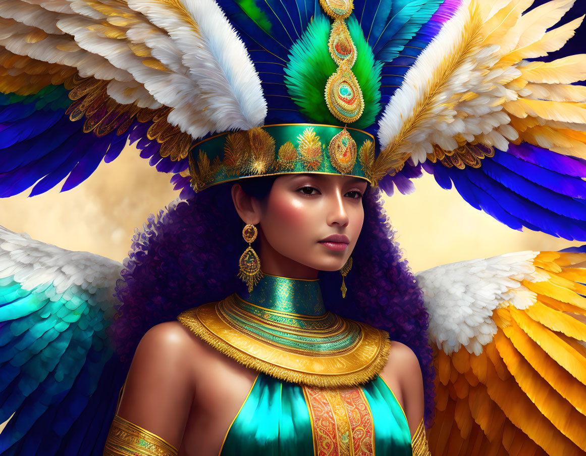 Elaborate feathered headdress and gold jewelry on majestic woman