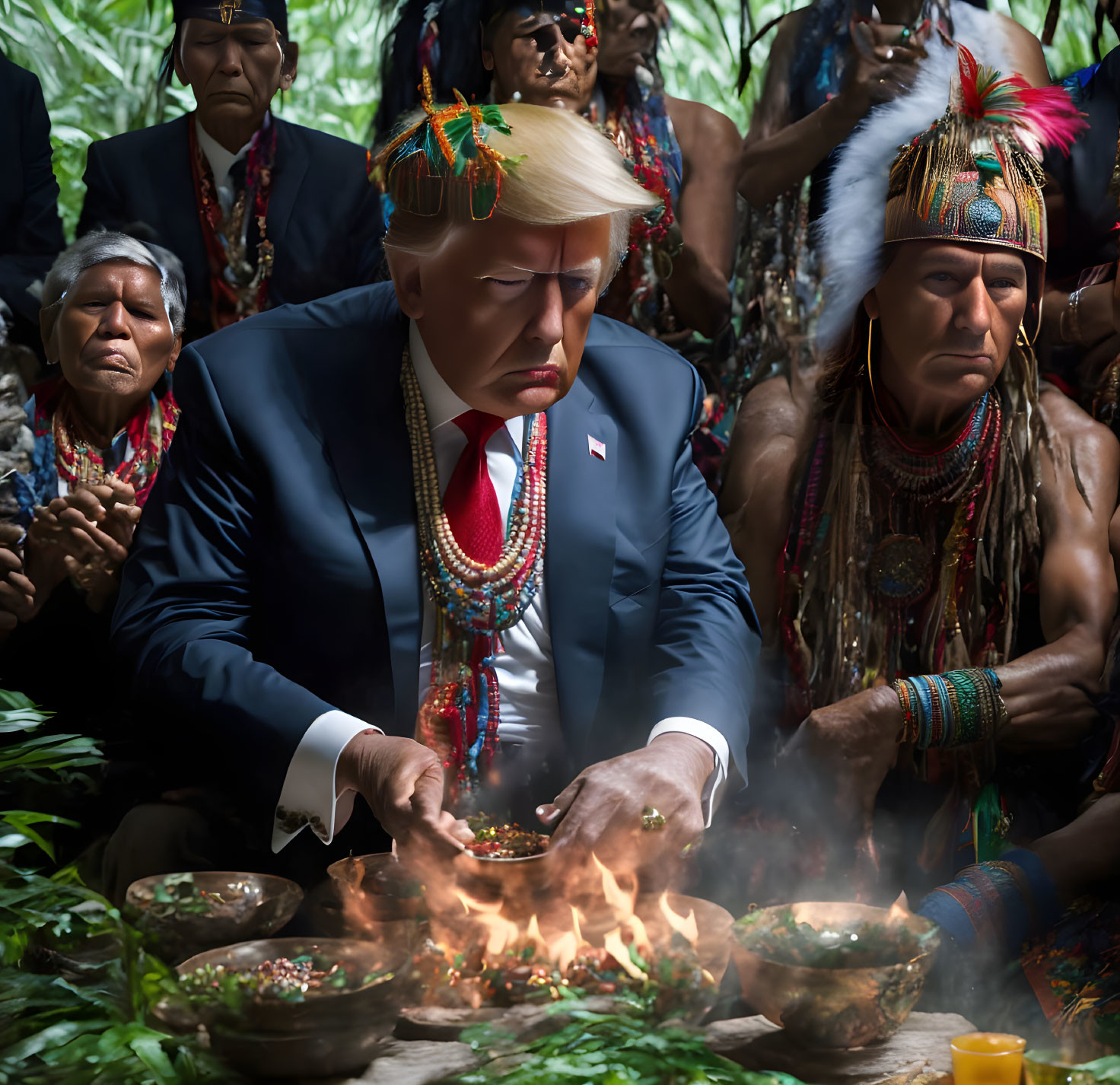 Man in suit with indigenous people around ceremonial fire with offerings