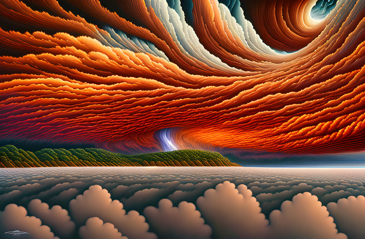 Digital Artwork: Fiery Orange Sky Waves Over Green Hills